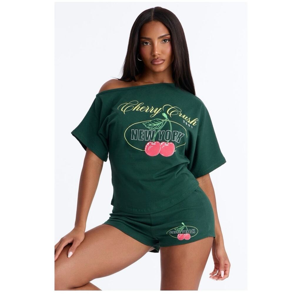 Fashion Nova Cherry Crush Hunter Green Off Shoulder Shorts Set Size XL